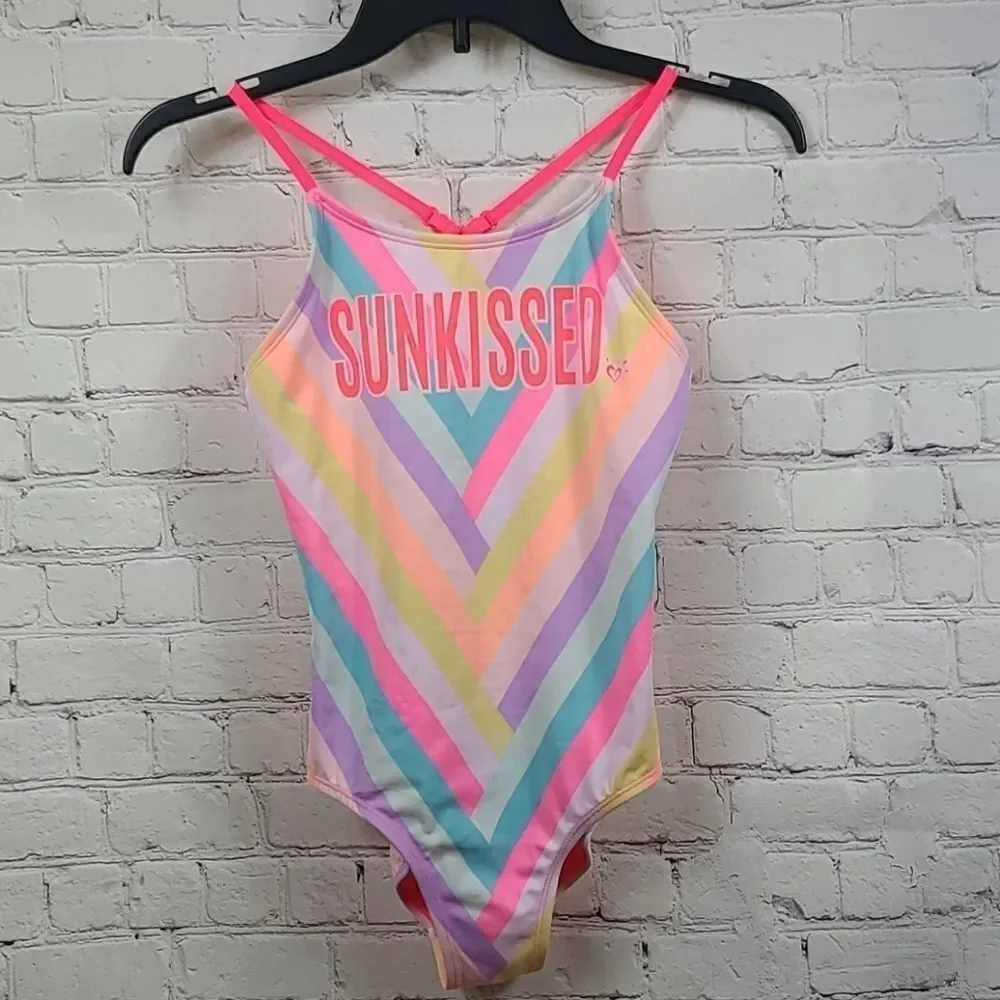 Justice Neon Pink Stripe Sunkissed 1pc Swimsuit Girls Size 10 Bathing Suit Swim